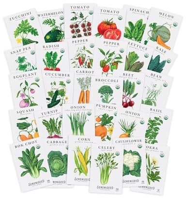 Sereniseed Certified Organic Vegetable Seeds (30-Pack) – Non GMO, Open Pollinated - Basil, Snap Pea, Broccoli, Bean, Jalapeno, Tomato, Lettuce, Cucumber, Carrot, Zucchini Seeds for Planting