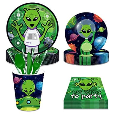 CC HOME Alien Party Themed Party Supplies Pack Little Alien Party Decorations Party Pack- Serves 16 - Includes Alien Party Plates Cups Napkins