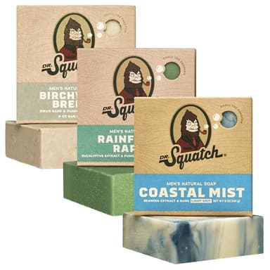 Dr. Squatch Natural Men’s Bar Soap - Cold Process Body Soap Bar with Natural Oils - Gifts for Men - Coastal Mist, Rainforest Rapids, Birchwood Breeze (5 oz, 3-Pack)