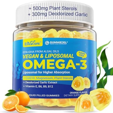 Vegan Omega-3 Gummies 1000mg +CoQ10+Magnesium- EPA 600mg & DHA 400mg, Fish Oil Omega 3 Supplements Alternative for Women Men Adults- Liposomal Form -Algae- Plant Sterols, Garlic,B6,B9, B12, Sugar Free