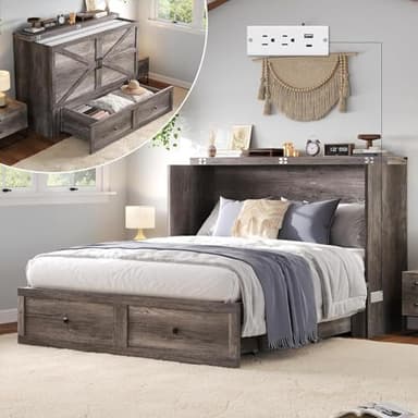 LUXOAK Murphy Bed Queen Size Cabinet Bed with Charging Station, Large Storage Drawer for Home Office or Small Room, Hideaway Bed Foldable Platform Bed, Rustic Grey