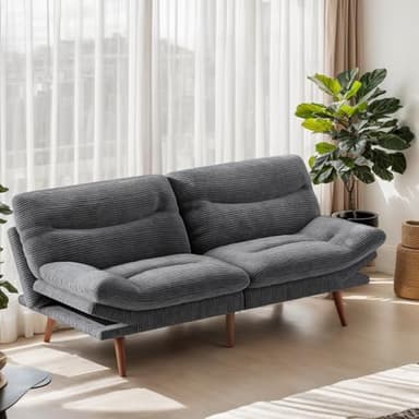Marsail Futon Sofa Bed, 66” Futon Couch with Adjustable Backrest & Armrests, Convertible Small Sleeper Sofa Bed for Small Apartments, Study Room, Office, Corduroy Loveseat, Grey