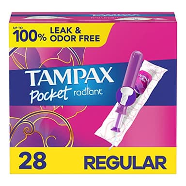 Tampax Pocket Radiant Compact Plastic Tampons, with LeakGuard Braid, Regular Absorbency, Unscented, Pack of 3 (28 count each pack)