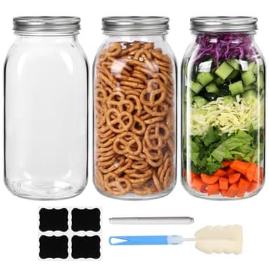 SZUAH 64 oz Wide Mouth Mason Jars with lids and Bands, 3 Pack Half Gallon Canning Jars | Includes Measurement Labels & Cleaning Brush for Fermenting, Pickling, Storage, Meal Prep & DIY