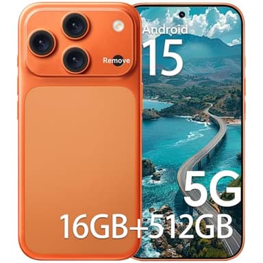 Unlocked Phones WK17, Android 15 Cell Phones, 5000mAh Battery, 16GB+512GB Smartphone 6.9" HD Screen/104MP+32MP Camera/Snapdragon 888 Processor, 5G network, Face ID/WiFi/Bluetooth/GPS (Orange)