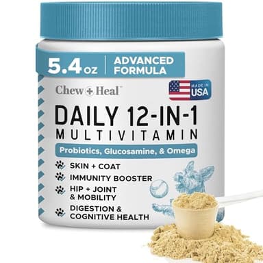 12-in-1 Multivitamin Powder for Dogs - 5.4 oz of Puppy and Senior Dog Vitamins and Supplements - Advanced Formula with Glucosamine, Omega 3,6,9, Vitamins, Probiotics, and More - Made in The USA
