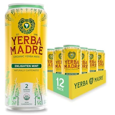 Yerba Madre Organic Yerba Mate, Energy Drink Alternative, Lower-Sugar Enlighten Mint, 150mg Plant Based Caffeine, Smooth Energy & Focus, No Jitters or Crash, 15.5oz Cans (Pack of 12)