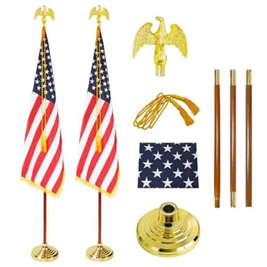 Indoor Presidential Flag Pole Kits 8FT Wooden Professional Commercial Indoor Flagpole with Golden Eagle Topper, Heavy Duty Flag Pole Kit with Base for Office School City Hall Government（2Pack）
