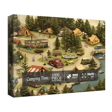 Vintage Forest Camping Puzzle for Adults 1000 Pieces, Rv Outdoor Lake Scenic Jigsaw Puzzles, Cozy Nature Family Campsite Puzzle