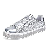 UUBARIS Women's Glitter Tennis Sneakers Neon Dressy Sparkly Sneakers Rhinestone Bling Wedding Bridal Shoes Shiny Sequin Shoes Silver Size 9