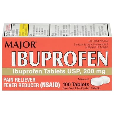 MAJOR Dye-Free Ibuprofen Tablets 200 mg - Helps Temporarily Reduce Fevers - Offers Pain Relief - 100 Tablets (1-Pack)