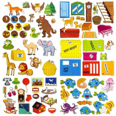 5 Sets (75P) Felt Board Stories Pieces,Tell Five Picture Books Stories(Goodnight Moon,Dear Zoo), for Felt Fannel Board,for Preschool, Kindergarten,Family Time