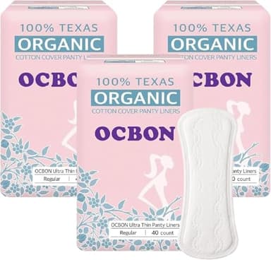 OCBON Ultra Thin Sanitary Pantyliners (Regular, 6.1 inch, 120 Counts) - Ultra Thin, Unscented 100% Organic Cotton Panty Liners for Women. Chemical-Free, Extra Soft, Ideal for Sensitive Skin