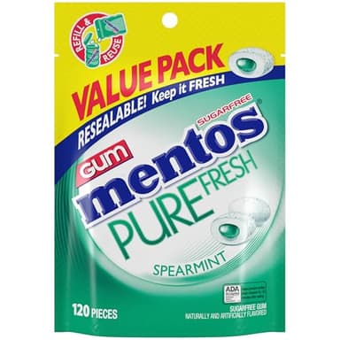 Mentos Pure Fresh Sugar-Free Chewing Gum with Xylitol, Spearmint, 120 Piece Bulk Resealable Bag (Pack of 1)