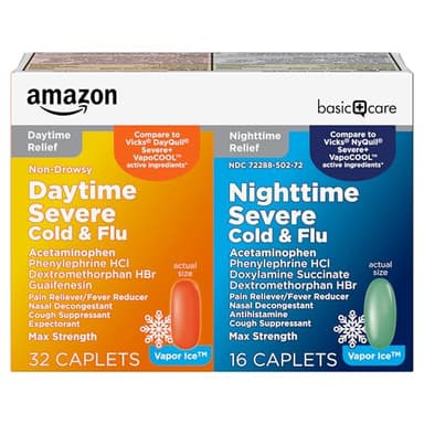 Amazon Basic Care Vapor Ice Day and Night Severe Cold and Flu Relief Caplets, Maximum Strength Multi-Symptom Medicine for Cough, Sore Throat, Nasal Congestion, 48 Count