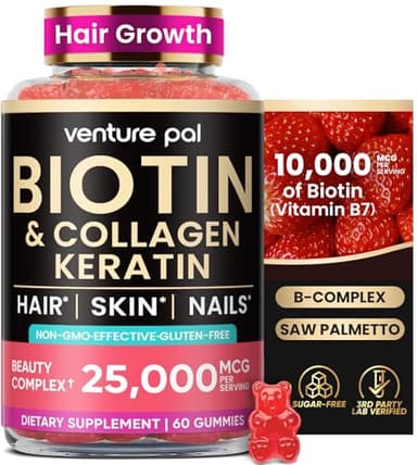 Venture Pal Biotin Gummies with Collagen & Keratin - Hair Growth Support Skin and Nail Strength Vitamins for Women & Men - Biotin 10000mcg | B-Complex | Saw Palmetto - Sugar Free, Non-GMO, 60ct