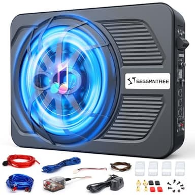 1000w Slim Under Seat Subwoofers with Amp,Car Subwoofer amp with Ambient Light,3.2" Height Amplified Subs High/Low Level Input for Car/Truck Audio,Powered Subwoofer and Amp Package Wire Kit Deep Bass