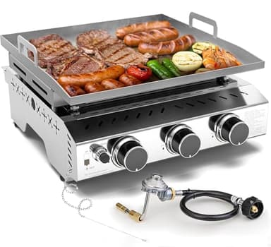 COWSAR 3-Burner Portable Tabletop Grill, 24000 BTU Stainless Steel Non-Stick Outdoor Portable Propane Griddle for Camping RV Backyard BBQ