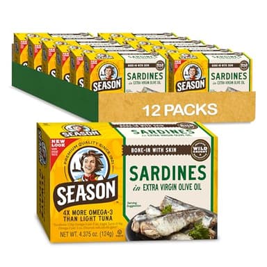 Season Sardines in Extra Virgin Olive Oil - Wild Caught, 22g of Protein, Keto Snacks, More Omega 3's Than Tuna, Kosher, High in Calcium, Canned Sardines - 4.37 Oz Tins, 12-Pack
