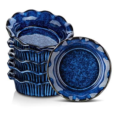 vancasso Ceramic Mini Pie Pans Set of 6, 5.2 Inch Small Pie Plates for Baking with Ruffled Edge, Individual Quiche Baking Dishes Tart Pans, Mini Pot Pie Plates for Microwave & Oven Safe, Blue