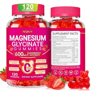 Magnesium Glycinate Gummies 600mg, Chewable Sugar Free Potassium Magnesium Gummies with Magnesium Glycinate, Vitamin D, B6 and CoQ10 for Sleep, Relaxation, Brain and Muscle, 60 Days Supply