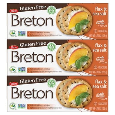 Breton Gluten Free Flax & Sea Salt Crackers (Pack of 3) - Non-GMO, Plant-Based, For Snacking, Dips, Cheese and Spreads, 3x4.76oz