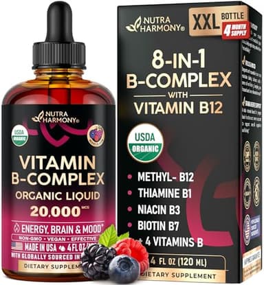 USDA Organic Vitamin B-Complex B5 Pantothenic Acid | B12 Methylcobalamin | B1 Thiamine | B6 Pyridoxine | B7 Biotin | B9 Folic | B3 Niacinamide - B Complex Liquid Drops, Made in USA Supplement, 4fl oz