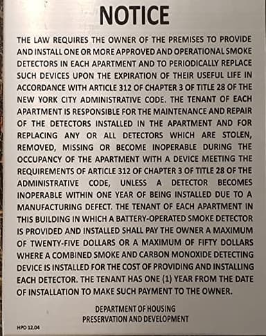 HPD NYC SMOKE DETECTOR SIGN (SILVER 8.5X11 INCH,DOUBLE SIDED TAPE, RUST FREE, ALUMINIUM)-The Poo Line