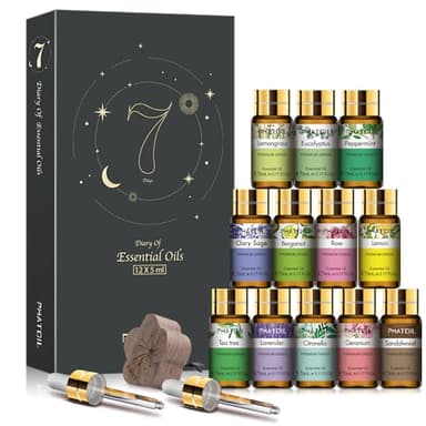 PHATOIL Essential Oil Set, 12x5ml Essential Oils Gift Set with Diffused Wood, 100% Natural Pure Essential Oils for Diffusers DIY Candle Soap Making