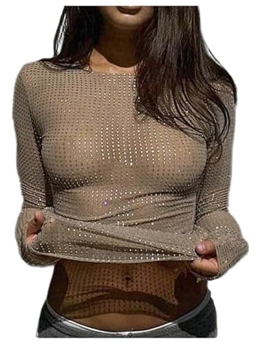 SOLY HUX Women's Rhinestone Sheer T Shirt Crew Neck Long Sleeve Sparkly Going Out Tops Solid Brown Medium