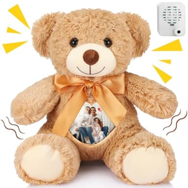 Silipull Christmas 12 Inch Bear with Voice Recording Recordable Stuffed Animals Bear with Picture Frame Brown Remembrance Messages Memorial Toy Fabric Animal Toy for Baby Shower Birthday Wedding Gift