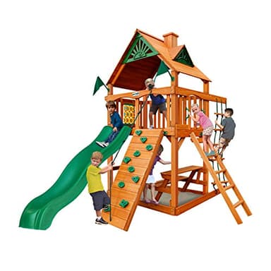 Gorilla Playsets 01-0061-AP Chateau Tower Wooden Play Tower with Wood Roof, Slide, and Climbing Wall, Brown