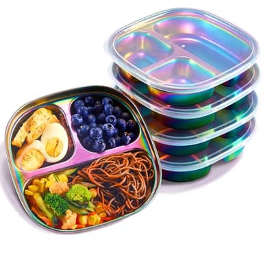 MIMORE Stainless Steel Kids Plates - 5 Pack Toddler Plates with Lids - Non Toxic & Divided