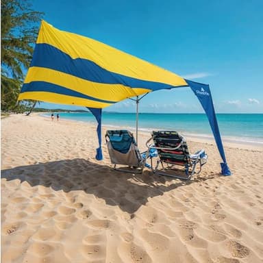 Shark FIN Shade Beach Tent Wind Sun Canopy Portable Easy Set Up UPF 50+ No Assembly Required 3-30 MPH - 1 to 8 People - Tie Downs Included - 2 Sizes Large 9' X 10' & Giant 13.5' X 10' PATENTS Pending