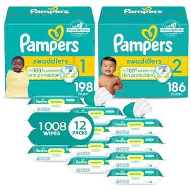 Pampers Baby Diapers and Wipes Starter Kit - Swaddlers Disposable Diapers Sizes 1 (198 Count) & 2 (186 Count) With Sensitive Water Based Wipes 12 Flip-Top Packs (1008 Total)