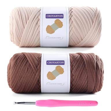 2 Pack T Shirt Yarn for Crocheting with 1 Crochet Hook, Elastic Tshirt Yarn for Crochet Bag/Baskets/Home Decor, Spaghetti Yarn Thick Knitting Yarn Total Length 130 Yds (Beige+Coffee Color)