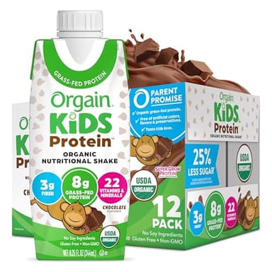 Orgain Organic Kids Nutritional Protein Shake, Chocolate, Healthy Kids Snacks, 8g Dairy Protein, 3g Fiber, 22 Vitamins & Minerals, No Soy Ingredients, Gluten Free, Non-GMO, 8.25 Fl Oz (Pack of 12)