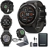 Garmin Fenix 8 Premium Multisport GPS Running Smartwatch, 51 mm, Sapphire, Solar, Dive-Rated, Built-in Flashlight, DLC Titanium with Pebble Gray Band - Signature Series Charging Stand