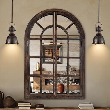 AMOISE Arched Wall Mirror with Window Pane Design 38 x 26 Inch Rustic Farmhouse Wood Decorative Mirror for Living Room Bedroom Entryway