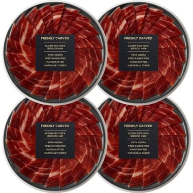 Iberico Acorn-Fed Ham - Sliced Jamon Pata Negra, 3 oz | Premium Spanish Dry-Cured Ham, Gourmet Charcuterie, 100% Bellota, Rich Flavor, Imported Iberian Delicacy (Four Pack, 4, Count)