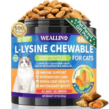 L-Lysine Chews for Cats 500 Chews, Immune & Respiratory Support Crunchy Shell with Krill Core, with Colostrum & Omega-3s for Sneezing and Runny Nose, Chicken Flavor, for All Ages & Breeds Cats