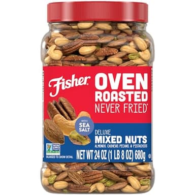 Fisher Oven Roasted Never Fried Deluxe Mixed Nuts, 24 Ounces (Pack of 1), Almonds, Cashews, Pecans, Pistachios, Healthy Snacks for Adults, Made With Sea Salt, No Added Oil, Trail Mix, Gluten Free​