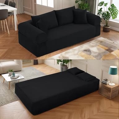83" Modern Sofa in a Box, No Assembly Oversized 3 Seater 28" Deep Seat Cloud Sofa Bed Couch with 4 Furry Pillows & Corduroy Fabric, Boneless Couch with Side Storage Pockets for Living Room, Black