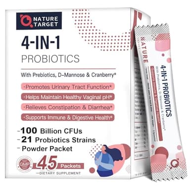NATURE TARGET Probiotics-for-Women Prebiotics-and-Probiotics-Powder, 100-Billion-CFUs 45-Day-Supply, Women's-Probiotic with D-Mannose and Cranberry for Urinary Tract/Gut/Digestive Health