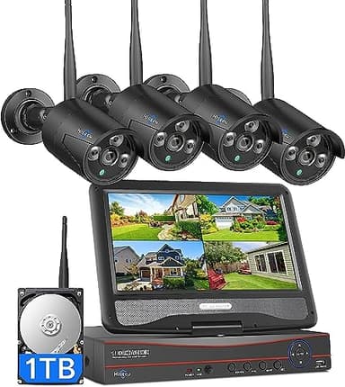 Hiseeu [16CH Expandable] 2.4G/5G Wireless Pro Security Camera System, 10.1" LCD 8MP Monitor, Wired Plug-in Powered 4Pcs 5MP Outdoor Indoor Cameras, One-Way Audio, Waterproof, Motion Detection, 1TB HDD
