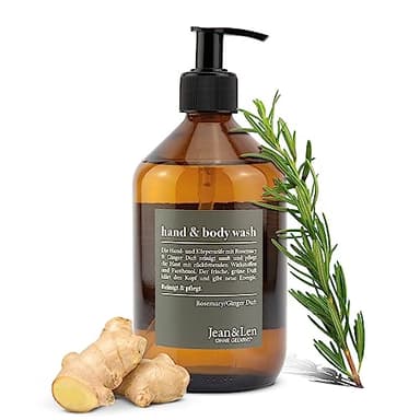 Jean & Len Hand & Body Wash Liquid, Spicy fresh scent Rosemary & Ginger, Hand and Body refillable Liquid, 100% vegan, without silicones, parabens and microplastics 16.9 Fl. Oz.