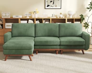 Vesgantti 97" L-Shape Modular Sofa, 3-Seat Corduroy Couch with Movable Ottoman, Sectional Sofa for Living Room, Green