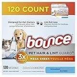 Bouce Bounce Pet Hair and Lint Guard Mega Dryer Sheets for Laundry, Fabric Softener with 3X Pet Hair Fighters, Unscented, Hypoallergenic, 120 Count