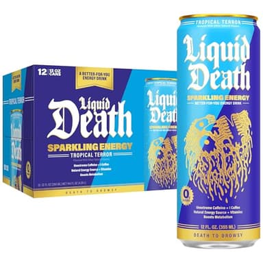 Liquid Death Sparkling Energy - Tropical Terror (Classic Piña Colada), Zero Sugar Energy Drink, Unextreme Caffeine 100mg, Essential Vitamins, 12 Fl Oz (Pack of 12)