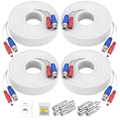 ANNKE 30M/100ft BNC Cable, Video Power Extension Surveillance Camera Cables for CCTV Security DVR System Installation, Free 8X BNC Connectors and 100pcs Cable Clips Included, 4 Pack, White
